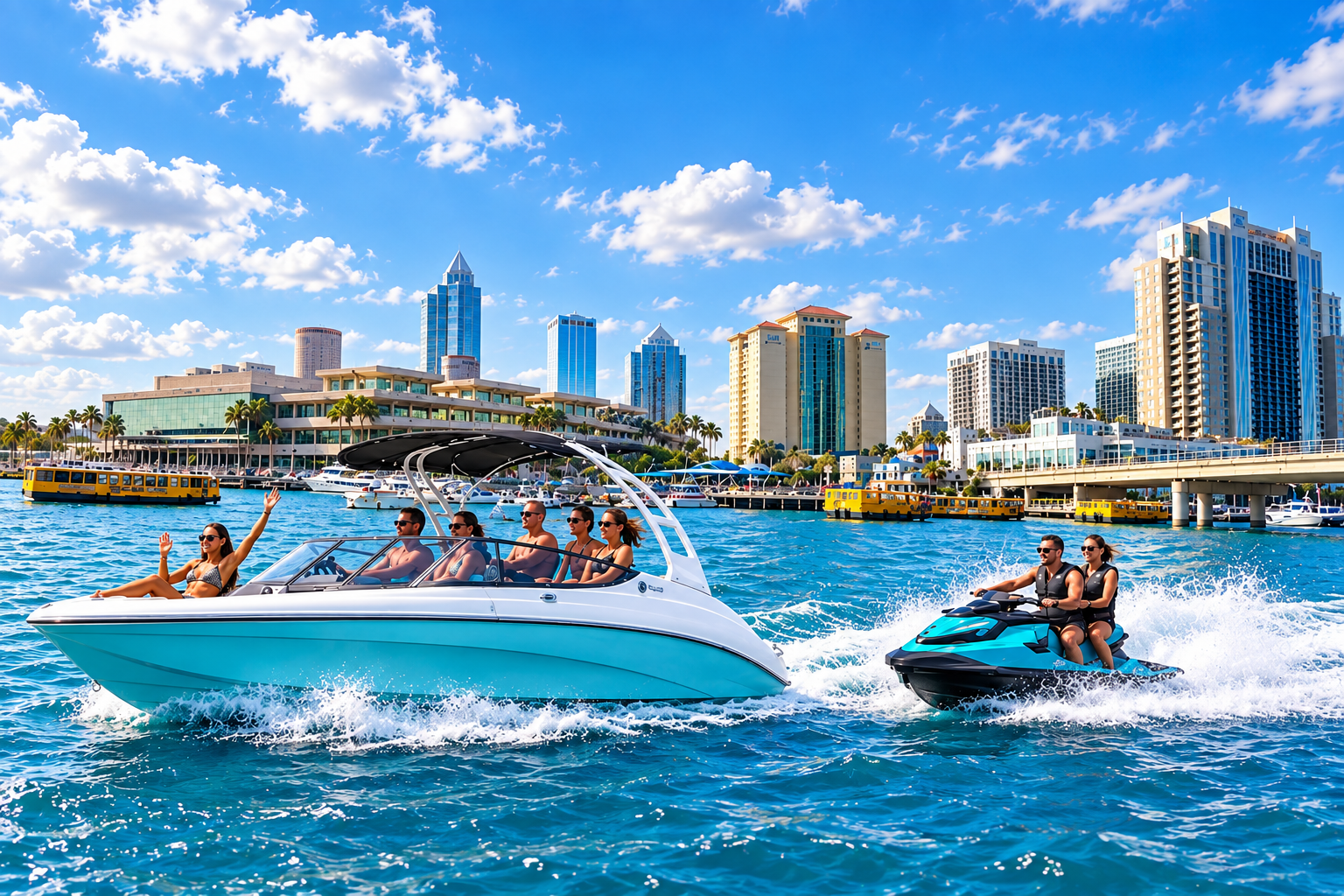 Boat and jet ski cruising across Tampa Bay